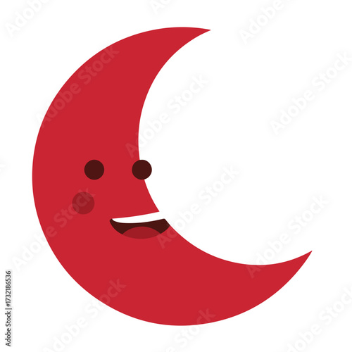 Red crescent moon cartoon with simple face eyes, mouth, cheek spots