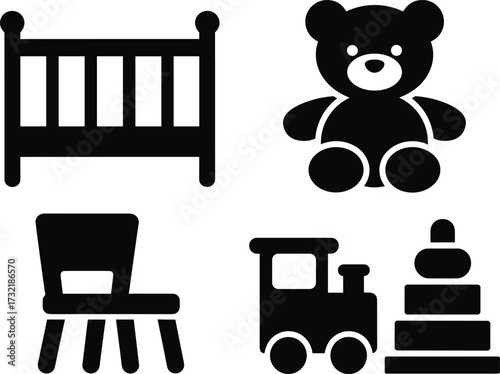Black and White Icons of Baby Crib, Teddy Bear, Chair, and Train Keywords: baby, crib, bed, teddy