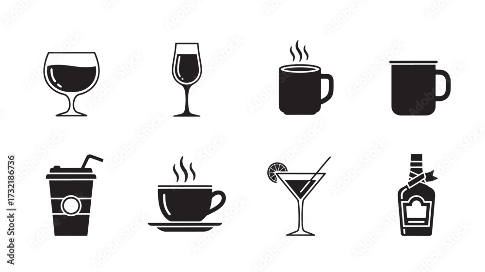 Obraz premium Drink and beverage solid icon set. Includes symbols for wine glass, coffee cup, cocktail, and bottle. Solid vector icons for menu design, restaurant, and bar.