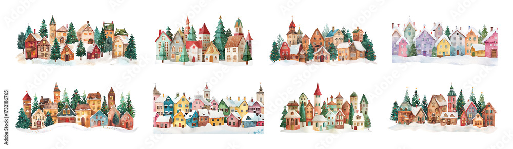 Fototapeta premium PNG Charming festive village illustration, element set on transparent background