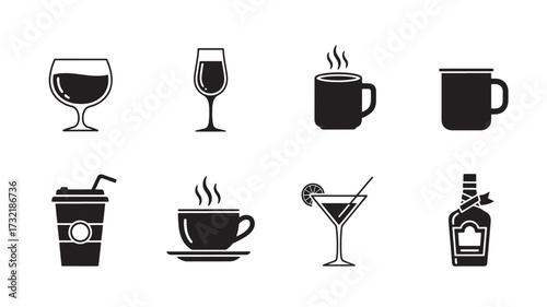 Set of drink icons simple black glyph style vector illustration for menu design and app interface