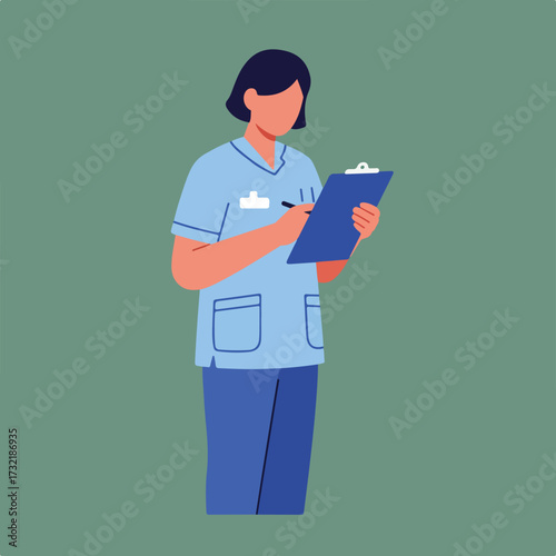 Flat illustration of a faceless person in blue scrubs writing on a clipboard