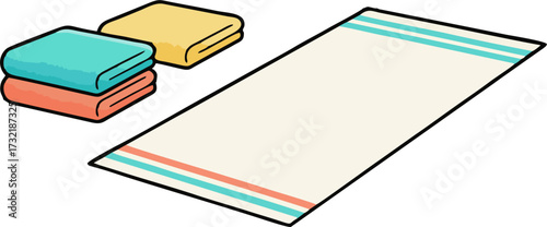 Minimalist Beach Towels on Sand with Ocean View, Cartoon Vector Summer