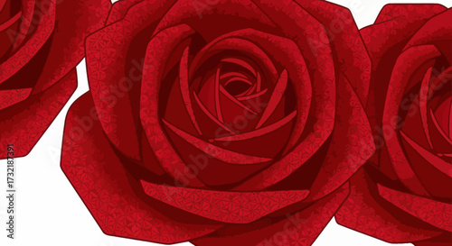 Three stylized red roses, petals detailed with tiny floral designs