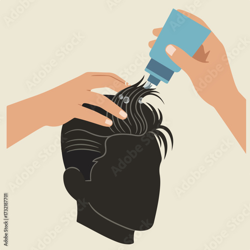Hair treatment being applied to a man's head, stylized vector