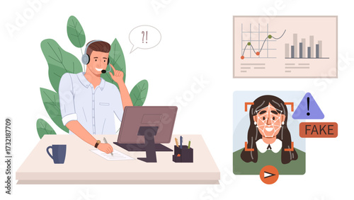 Customer service agent wearing a headset, reviewing data graphs alongside a deepfake detection alert. Ideal for cybersecurity, AI, fraud prevention, customer service, technology, analytics, digital