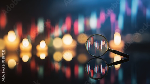 Magnifying glass over trading chart candlesticks, financial market analysis investment, stock data research technology
