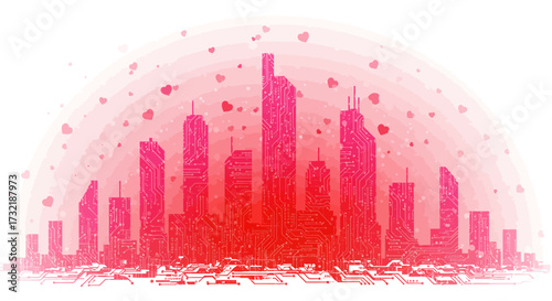 Cityscape of Love A Romantic Silhouette of Buildings with Falling Hearts