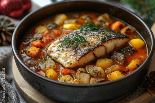 Bowl of fish stew with potatoes and vegetables.