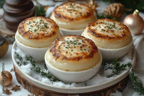 small white bowls filled with cheese and herbs.