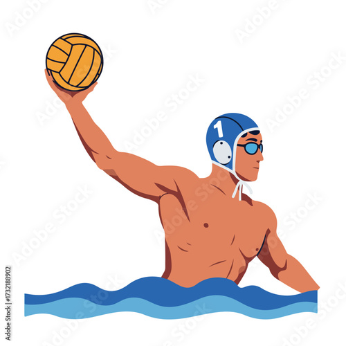 Water polo player in water, preparing to throw a yellow ball, wearing cap and goggles