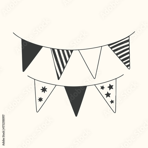 Vector art of handdrawn bunting flags in black and white, featuring striped and star patterns, strung across a light cream background, perfect for celebrations and party decorations
