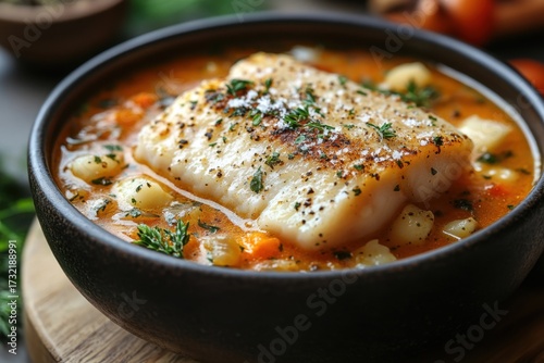 Bowl of fish soup with spoon.
