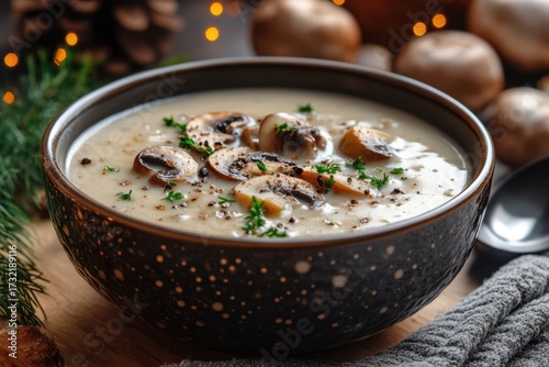 Creamy mushroom soup with fresh herbs and mushrooms in a bowl.