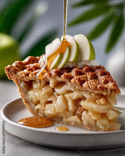 Slice of apple pie on a white plate with apple and caramel