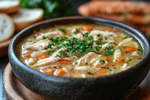 Bowl of chicken soup with bread and parmesan.