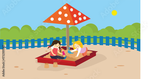 Children playing in the sandbox. Vector illustration in a flat style.