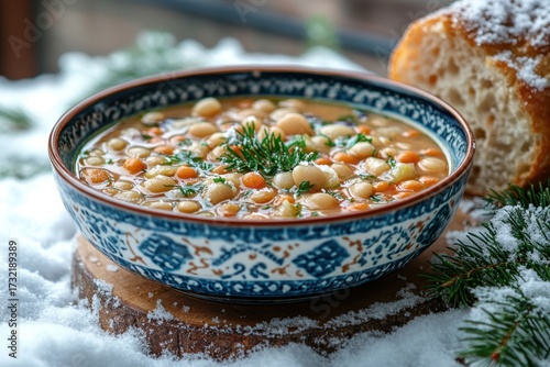 Bowl of soup with beans and vegetables.
