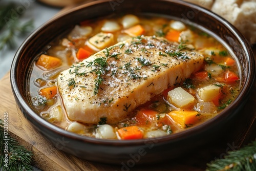 Bowl of fish stew with veggies and bread.