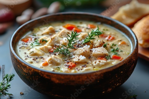 Bowl of chicken and vegetable soup with bread.