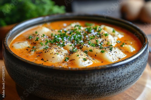 Bowl of potato and leek soup.
