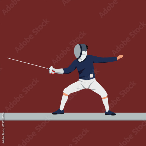 Fencer on a burgundy background, sword extended in attack pose, facing the left