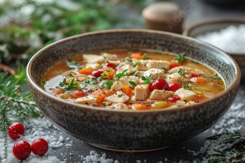 Bowl of chicken soup brimming with vegetables and herbs.