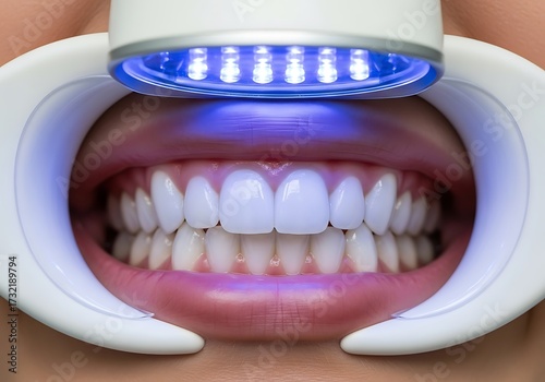 Professional teeth whitening with blue led light device for bright white smile close-up