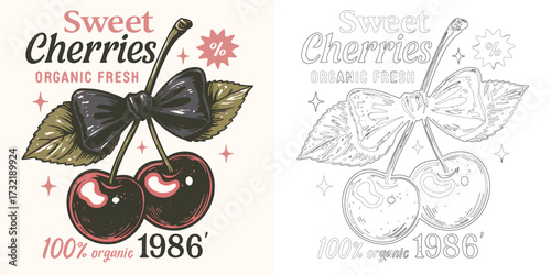 Sweet cherries vector illustration T shirt design with retro typography fruit symbol organic fresh style isolated on white background