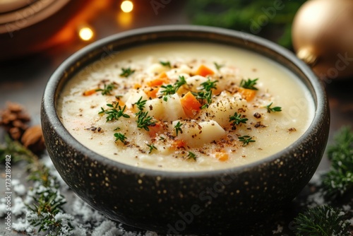Bowl of soup with potatoes and carrots.