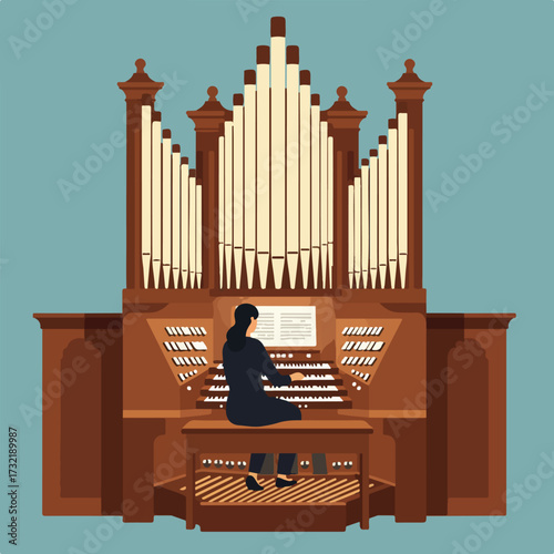 Woman playing ornate pipe organ on blue background