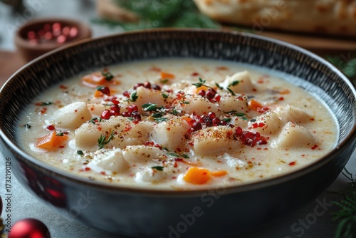 Bowl of soup with potatoes and carrots.