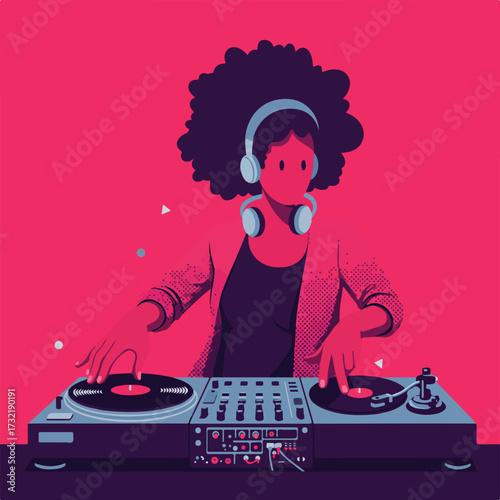 DJ with headphones mixing vinyl records on turntables, against a pink background