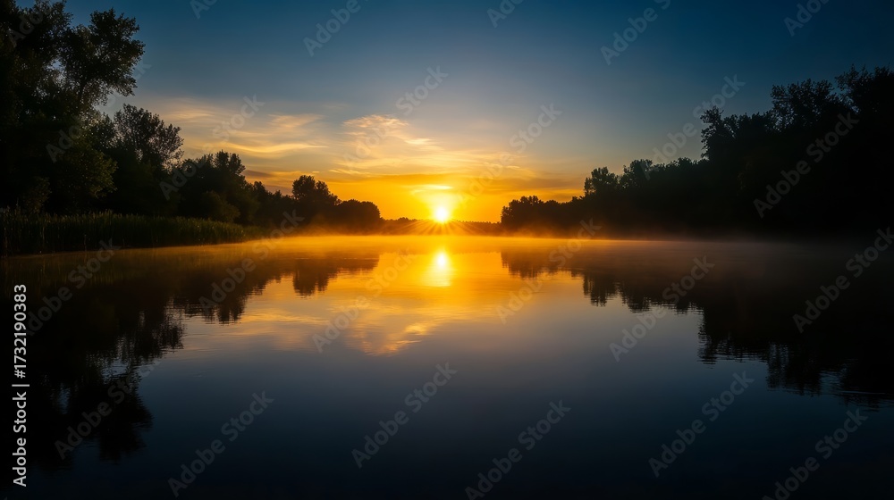 Fototapeta premium Sunset reflection on serene river tranquil nature scene landscape photography calm environment wide angle view natural beauty for relaxation
