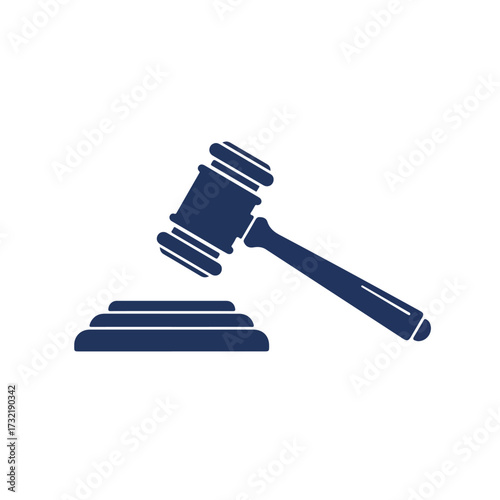 Dark blue gavel striking sound block, side view, simple design on white background