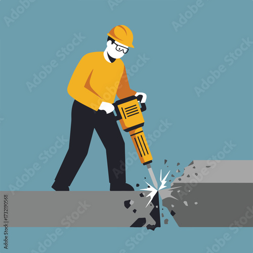Man with jackhammer breaking concrete, wearing hard hat and glasses