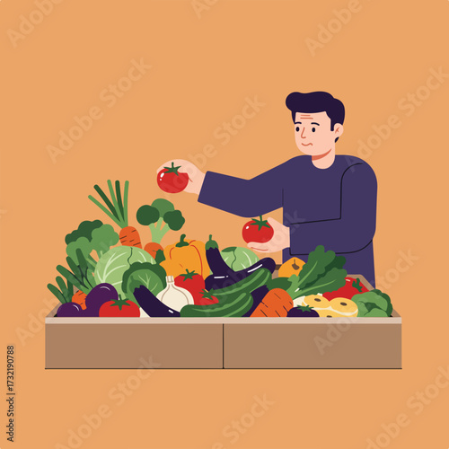 Man choosing tomatoes from a crate filled with produce