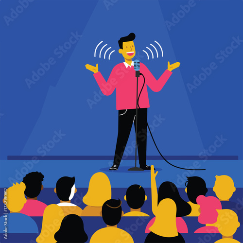 Speaker on stage addressing a crowd, microphone present, stylized illustration