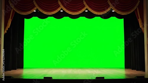 Elegant Red Velvet Theater Curtains Open and Close to Reveal a Customizable Green Screen