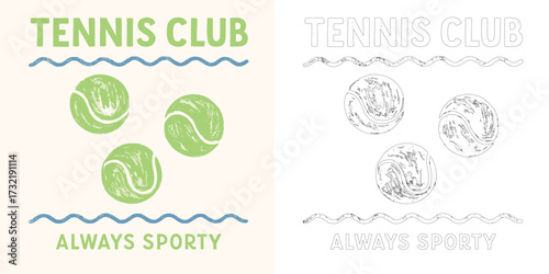 Tennis club vector illustration T shirt design with racket ball retro typography sporty style isolated on white background