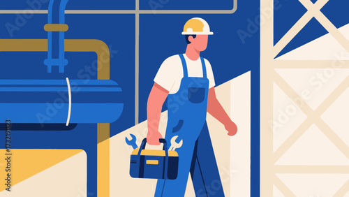 The repairman is carrying a tool bag, cartoon hand-drawn vector illustrations