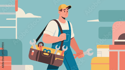 The repairman is carrying a tool bag, cartoon hand-drawn vector illustrations