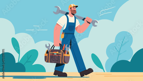 The repairman is carrying a tool bag, cartoon hand-drawn vector illustrations