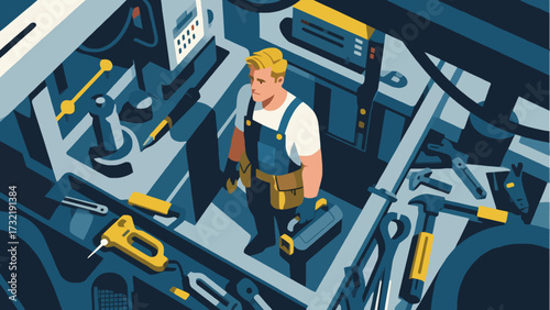 The repairman is carrying a tool bag, cartoon hand-drawn vector illustrations