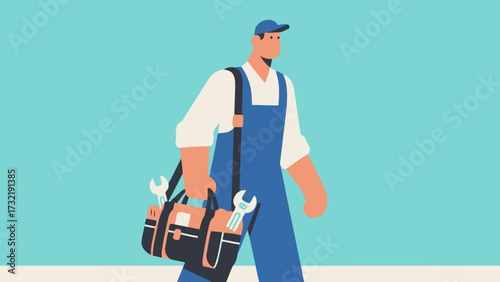 The repairman is carrying a tool bag, cartoon hand-drawn vector illustrations
