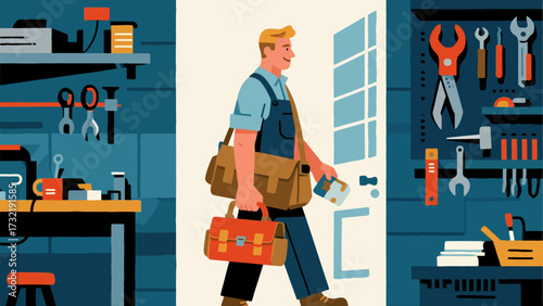 The repairman is carrying a tool bag, cartoon hand-drawn vector illustrations