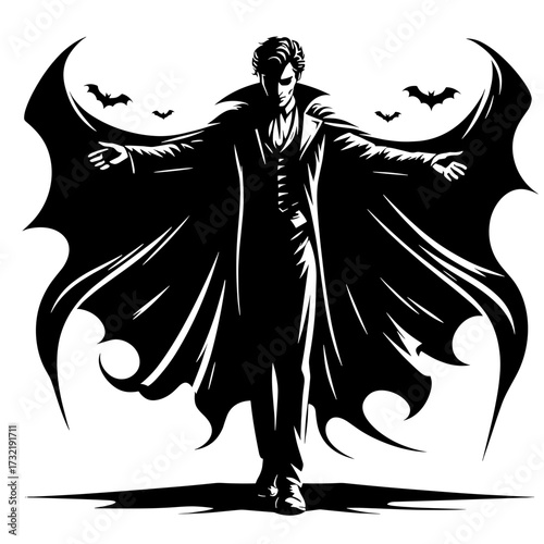 Vampire in cloak like bat silhouette vector on transparent background