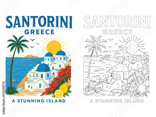 Santorini Greece island vector T shirt design with sea view architecture palm tree retro travel summer illustration