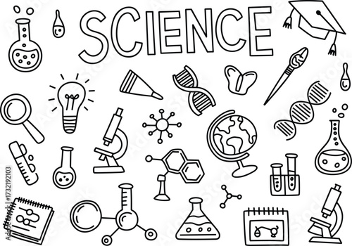 Science themed doodles with scientific equipment and molecules Keywords: science, laboratory