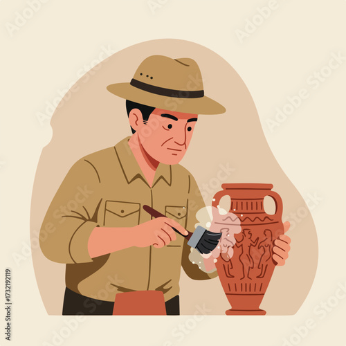 Archeologist carefully cleaning an old clay vase with a brush